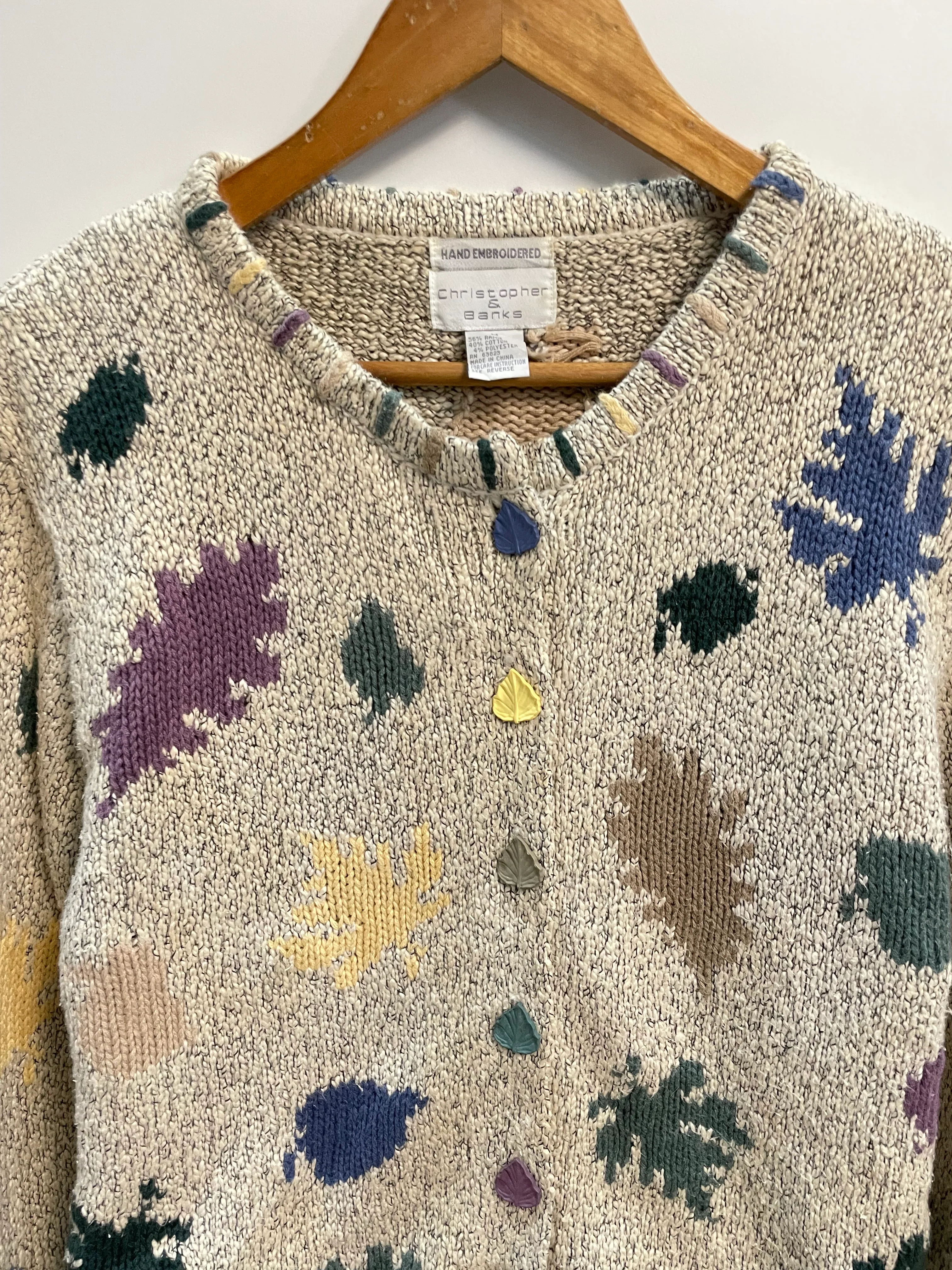Christopher & Banks Embroidered Vintage Leaf Button Sweater-Bust 42 - Image 2