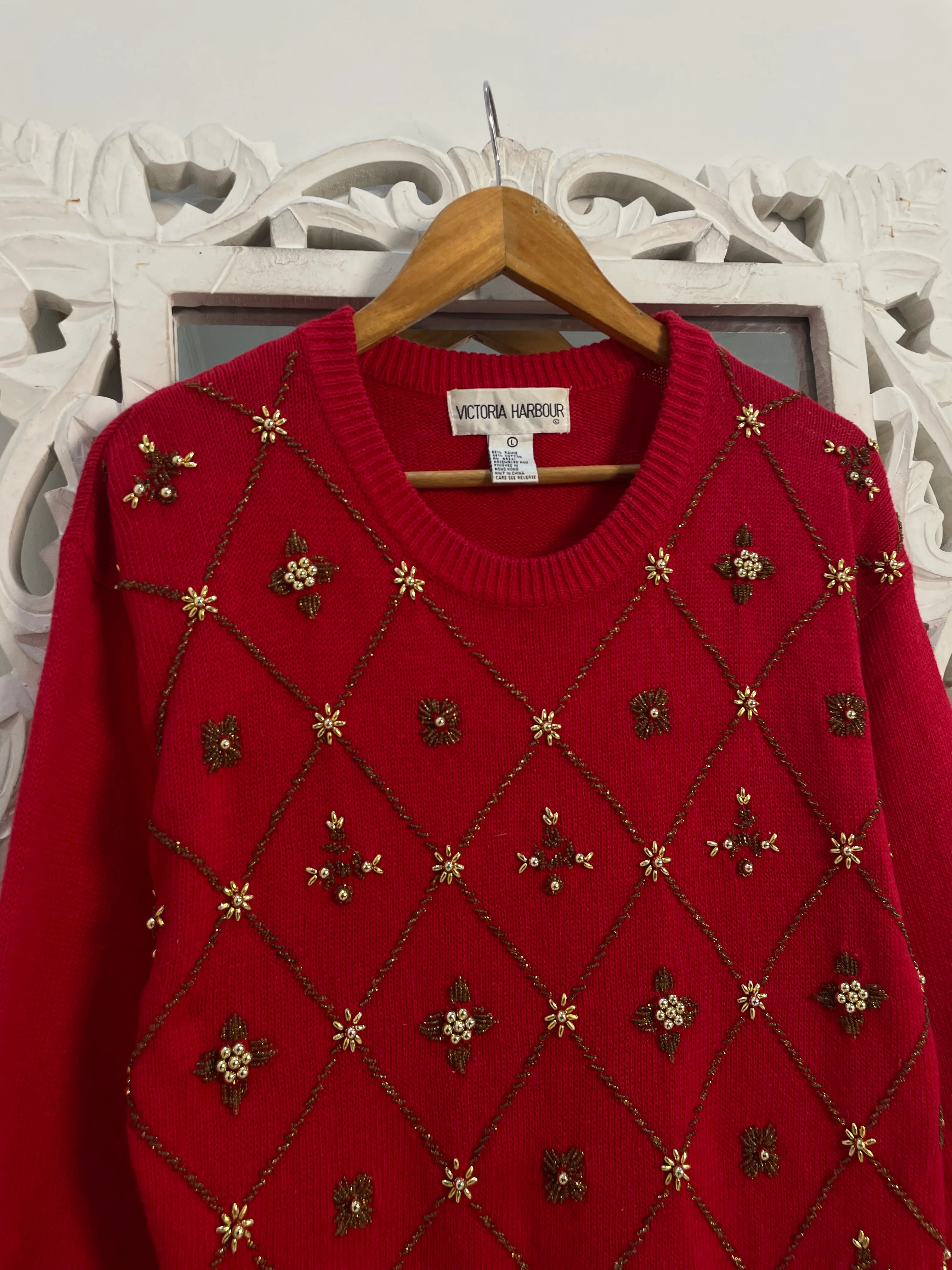 Victoria Harbour Embroidered Vintage Sweater-Bust 40 - Image 2